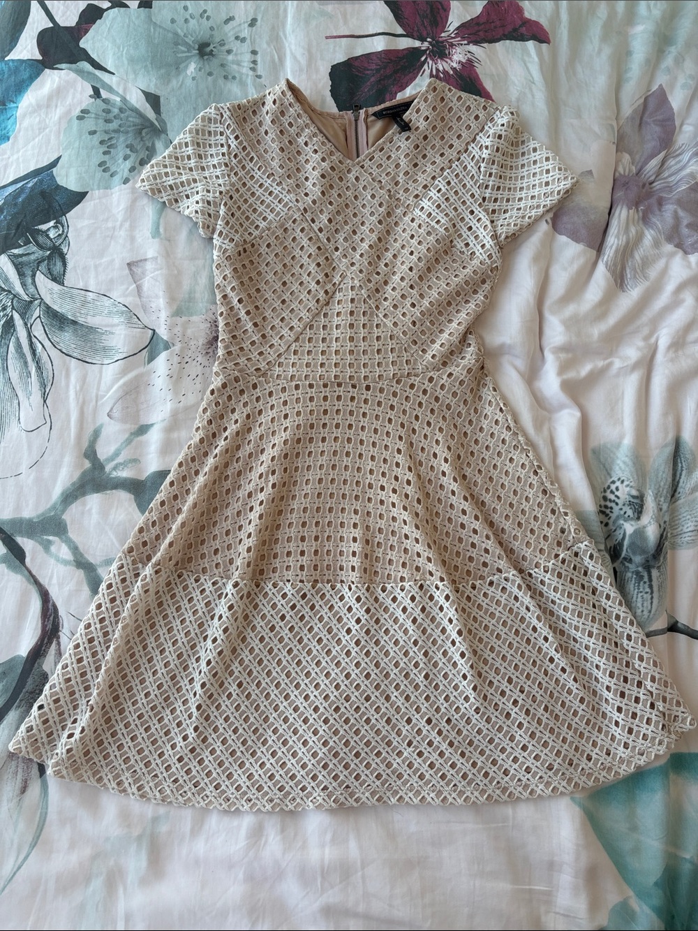 Y2K BCBGMaxAzria Elyze Cream Lace Fit-and-Flare Mini Dress